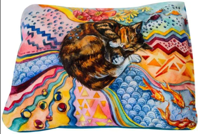 730013к Лежанка пухлик "Сны" рисунок Кошка мебельная ткань №1 43*32*21 см коралловая