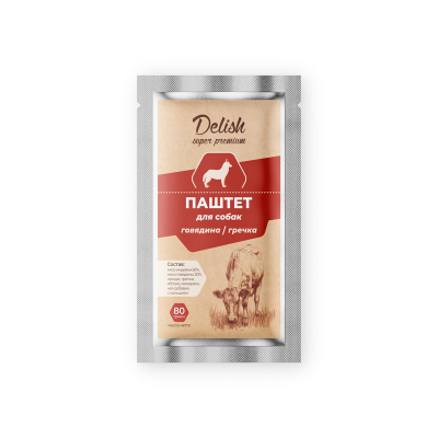 Влажный корм Delish Super premium для собак паштет говядина/гречка 80 гр