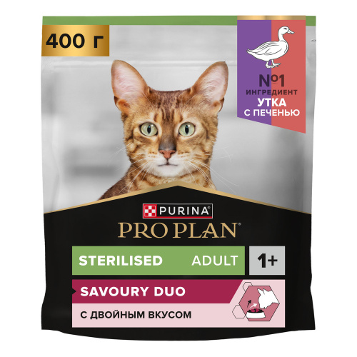 Pro Plan для стерилизованных кошек и кастрированных котов, с уткой и печенью 400 г