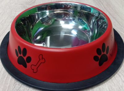 Миска нескользящая красная с рисунком лапка и косточка