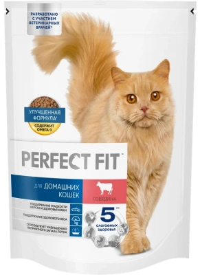 Сухой корм PERFECT FIT для домашних кошек с говядиной, 650гр