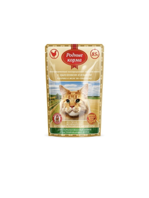 Влажный корм Родные корма для стерилизованных кошек с цыпленком и языком кусочки в желе по-степному 85 г.
