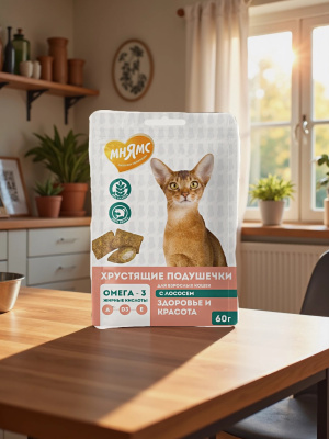 Лакомство Мнямс "Здоровье и красота" хрустящие подушечки для кошек с лососем 60 г.