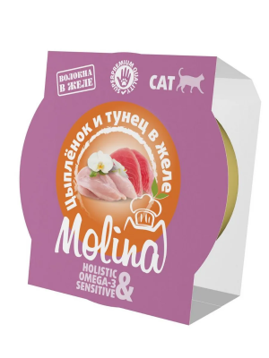 Влажный корм MOLINA, ламистер для взрослых кошек. Цыпленок и тунец в желе, 12х75г