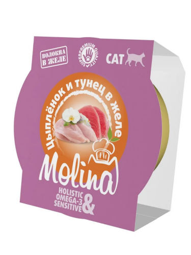 Влажный корм MOLINA, ламистер для взрослых кошек. Цыпленок и тунец в желе, 12х75г