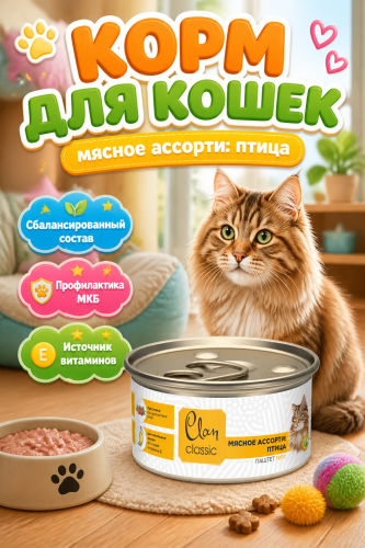 Влажный корм CLAN CLASSIC для кошек мясное ассорти с птицей, паштет 100гр