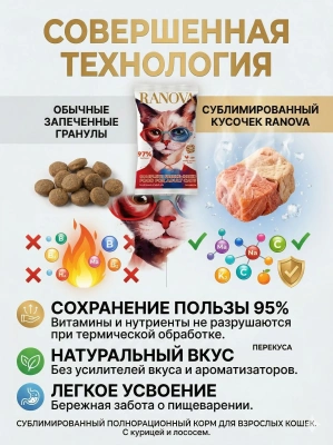 Полнорационный сухой субл. корм Ranova для кошек с курицей и лососем, 8 г 
