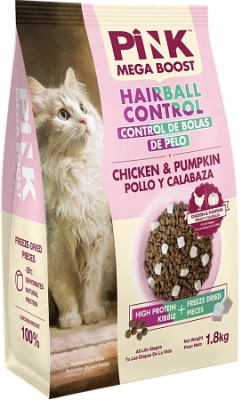 Сухой корм для кошек всех возрастов Hairball control Курица с тыквой, 1.8кг. Pink MEGA BOOST