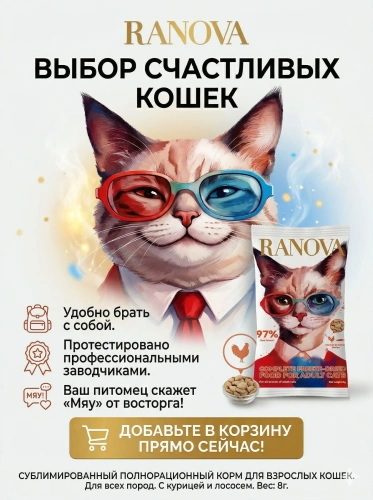 Полнорационный сухой субл. корм Ranova для кошек с курицей и лососем, 8 г 