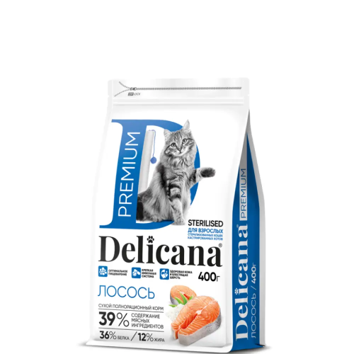 Сухой корм DELICANA  для взрослых кошек  с лососем 0,4кг 