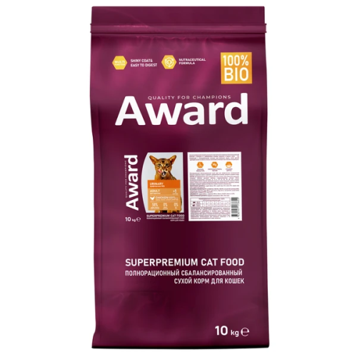 Сухой корм AWARD Urinary для кошек профилактика МКБ, с курицей, клюквой, цикорием и рыб. жиром 10кг