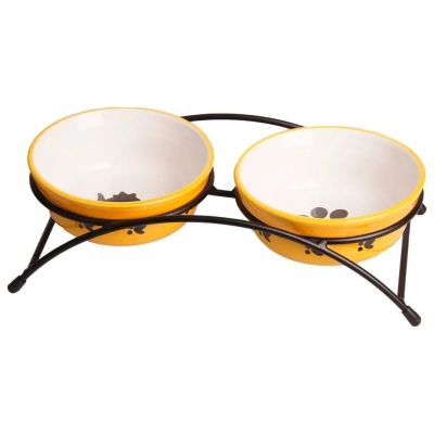 Mиска Mr.Kranch керамическая  двойная на подставке для собак и кошек оранжевая 2 х 290 мл