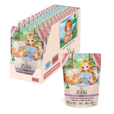 Влажный корм Zillii Adult Cat Veal Turkey для кошек с телятиной и индейкой в соусе,  12х85гр