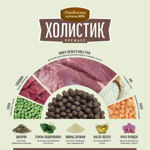 Сухой корм Деревенские лакомства Холистик Премьер для собак мини пород утка с рисом 7кг.