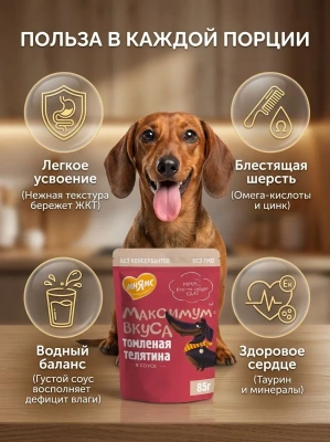 Влажный корм для собак томленая телятина в соусе 85 г. Мнямс Максимум Вкуса