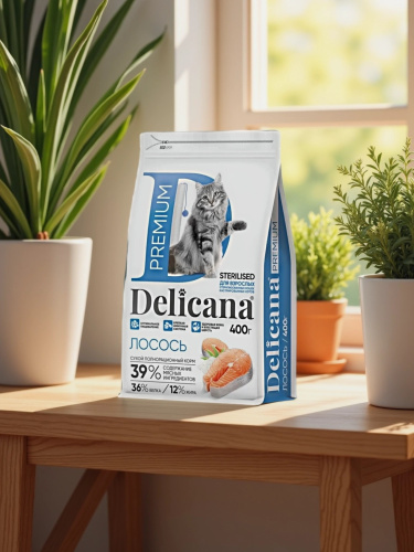 Сухой корм DELICANA  для стерилизованных кошек и кастрированных котов с лососем 0,4 кг 