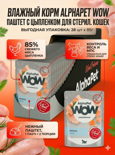Влажный корм AlphaPet  WOW Superpremium для стерил. кошек, паштет с цыпленком 28х85гр