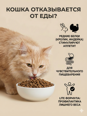 Сухой корм Elato Holistic Lite для привередливых кошек с кроликом и индейкой, 1,5 кг