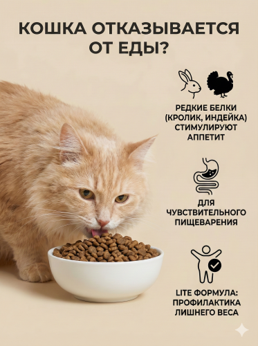 Сухой корм Elato Holistic Lite для привередливых кошек с кроликом и индейкой, 1,5 кг