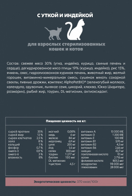 Сухой корм Альфа Пет для стерилизованных кошек и котов с Уткой и индейкой 1,5кг