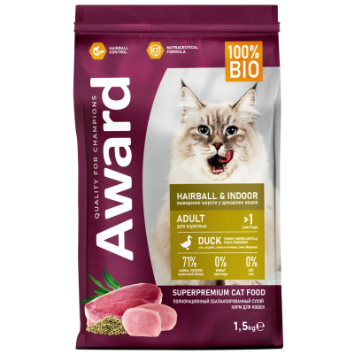 Сухой корм AWARD Hairball & Indoor для взрослых кошек, Утка с Индейкой, для выведения шерсти 1,5кг