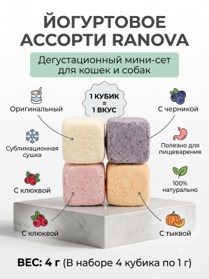 Лакомство Ranova для кошек и собак субл. йогурт, микс вкусов: оригин., черника, клюква, тыква, 4х1г